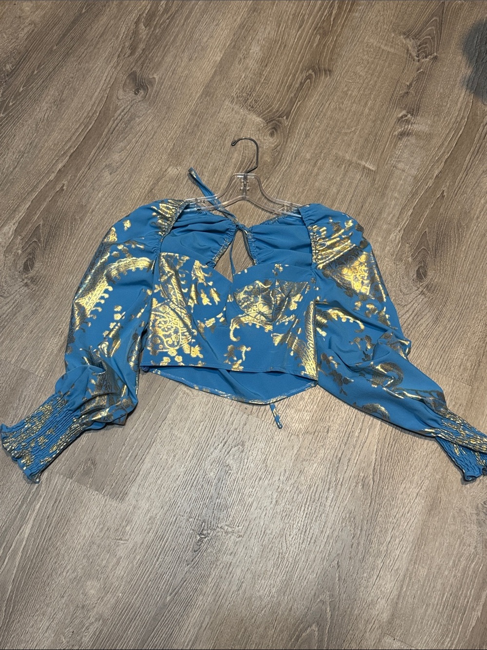 SHEIN Blue Crop Top with Gold Print